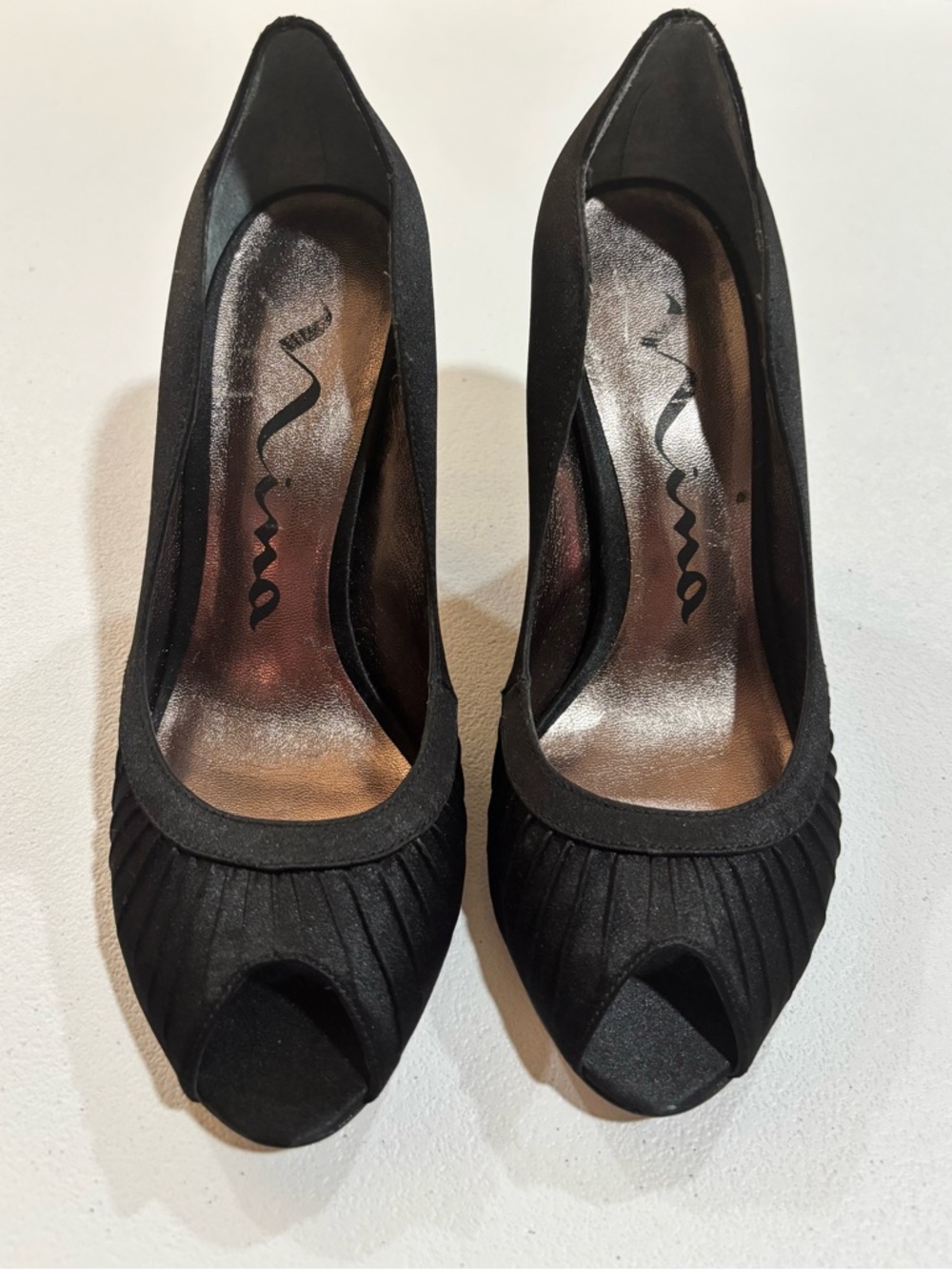 Nina Black Pleated Peep-Toe Heels - Picture 1 of 3